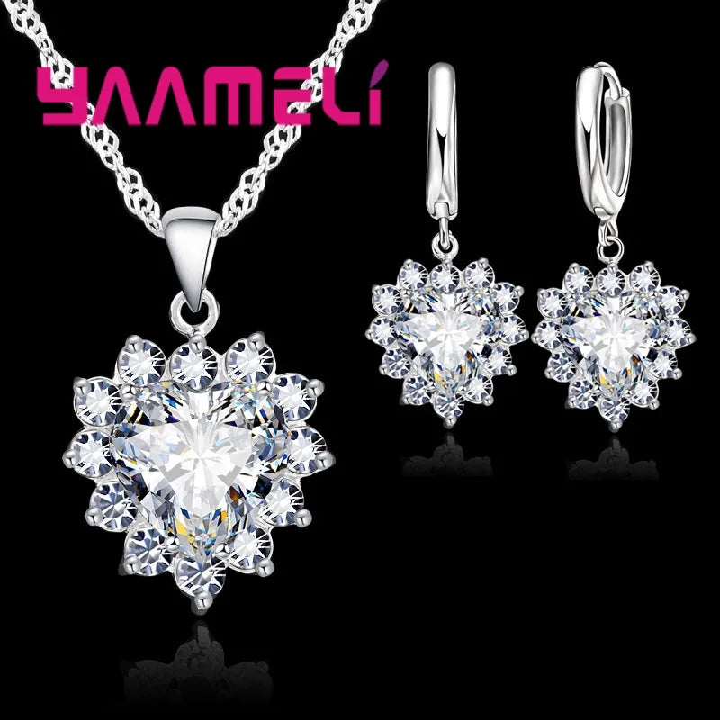 Set de Bijoux Tendance en Argent Sterling 925 pour Femmes - Cœur en CZ, Pendentifs, Collier et Boucles d'Oreilles