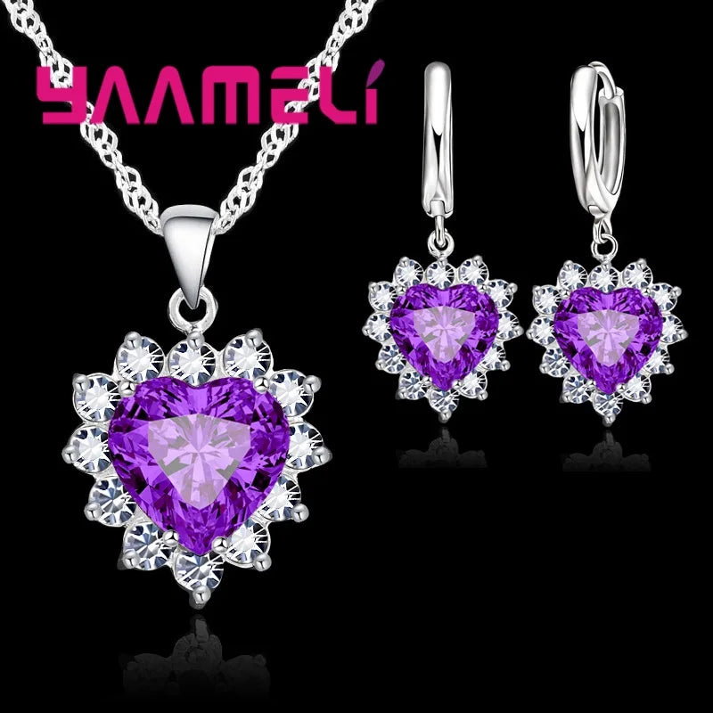 Set de Bijoux Tendance en Argent Sterling 925 pour Femmes - Cœur en CZ, Pendentifs, Collier et Boucles d'Oreilles