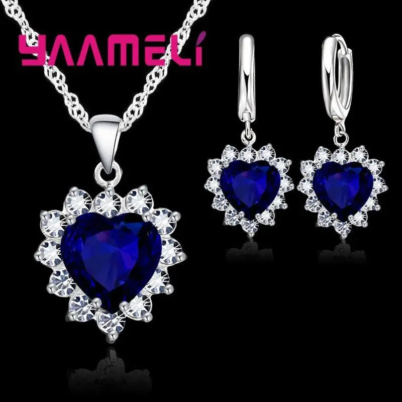 Set de Bijoux Tendance en Argent Sterling 925 pour Femmes - Cœur en CZ, Pendentifs, Collier et Boucles d'Oreilles